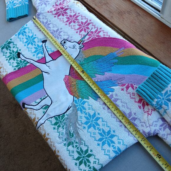 33Degrees Rainbow Unicorn Sweater L fair isle snowflakes soft white tassels ugly - Picture 12 of 15
